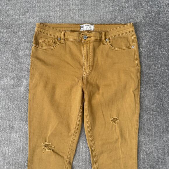Free People Jeans Womens 30 Yellow Mid Rise Skinny Fringe Hem Distressed Stretch - Picture 2 of 12
